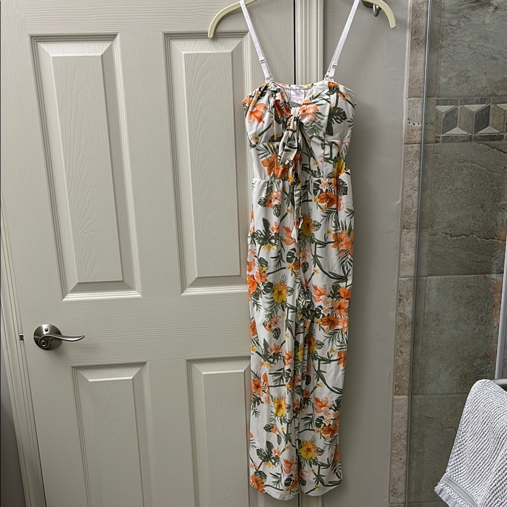Floral Print Jumpsuit - Orange and Green
